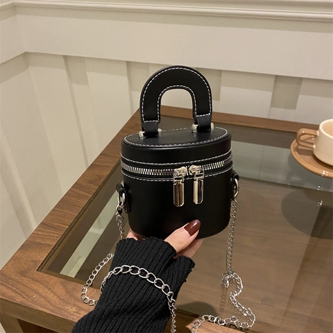 Borsa a Cilindro Mini da Donna in Pelle PU Con Tracolla a Catena Borsetta a Tracolla a Secchiello Con Cuciture a Contrasto