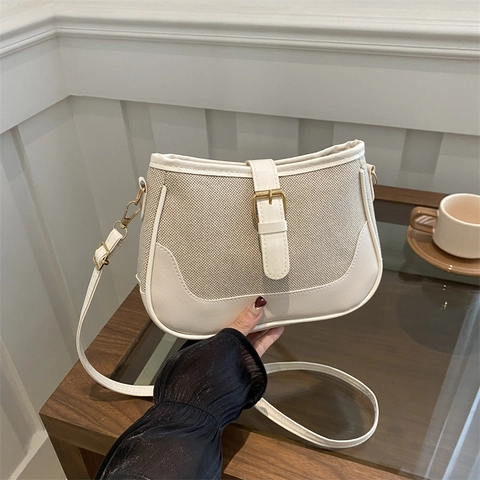Bolso de Axila de Lona y Cuero PU Patchwork de Color de Contraste Vintage Moda Chic Bolso de Hombro para Mujer Con Hebilla Dorada