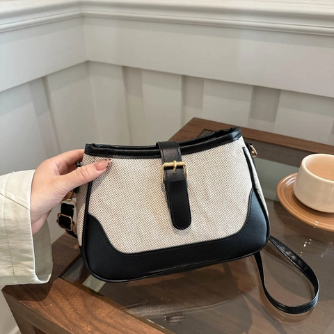Bolso de Axila de Lona y Cuero PU Patchwork de Color de Contraste Vintage Moda Chic Bolso de Hombro para Mujer Con Hebilla Dorada
