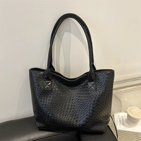 Bolso de Mano Tejido de Cuero PU de Gran Capacidad para Mujer Color Sólido Bolso de Hombro de Moda para Viaje Diario Estudiantes