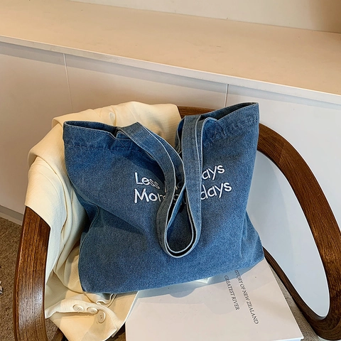 Dames Retro Denim Tote Bag Grote Capaciteit Casual Schoudertas Letterborduurwerk Dagelijkse Mode Shopper Tas Voor Dames