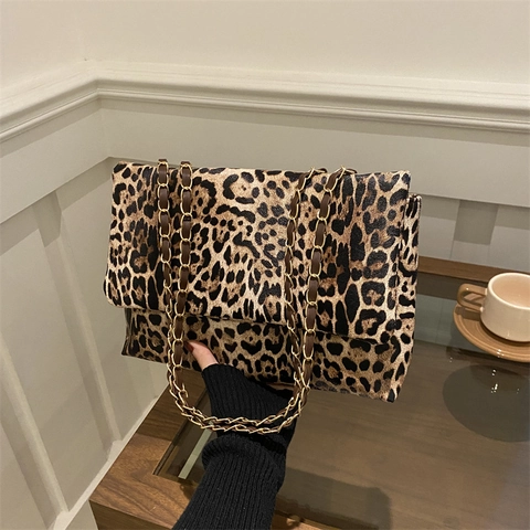 Fashion Leopard Print Women Shoulder Bag PU Leather Gold Chain Strap Crossbody Bag Daily Underarm Square Handbag Versatile