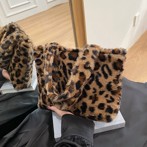 Leopard Print Faux Fur Tote Bag Soft Plush Shoulder Handbag Zipper Closure Chic Autumn Winter Daily Fashion For Women