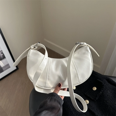 Bolso Hobo Media Luna de Cuero PU Vintage Para Mujer Bolso de Hombro Creciente Color Sólido Con Correa Ajustable