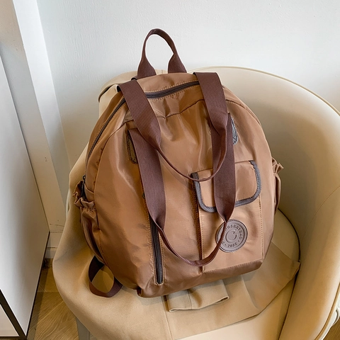 Simple Solid Color Nylon Backpack For Women Large Capacity Travel Bag Multi Pocket Casual School Daypack Handbag