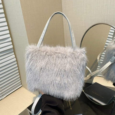 Women Faux Fur Plush Handbag Small Square Crossbody Bag Autumn Winter Fluffy Shoulder Bag With Top Handle And Strap