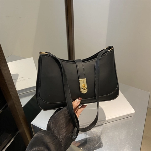 Damen Kunstleder Achsel Umhängetasche Vintage Minimalistisch Baguette Tasche Mit Gold Metalschloss Casual Einfarbig Handtasche