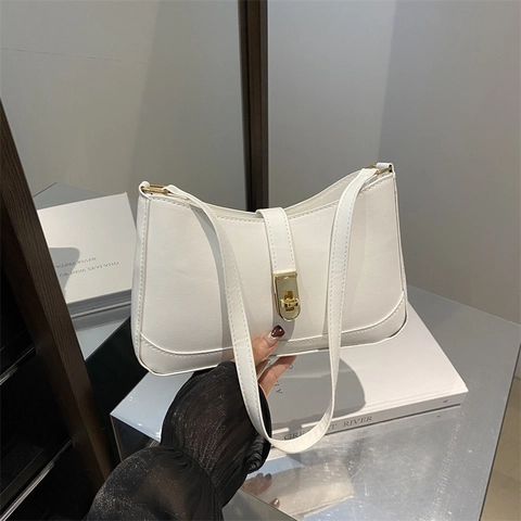 Damen Kunstleder Achsel Umhängetasche Vintage Minimalistisch Baguette Tasche Mit Gold Metalschloss Casual Einfarbig Handtasche