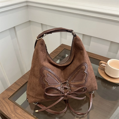 Bolso de Hombro Retro de Antelina con Lazo de Mariposa para Mujer Bolso Tote Hobo Vintage Gran Capacidad con Cordones
