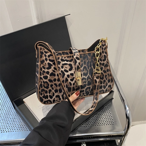 Γυναικεία Vintage Τσάντα Μασχάλης Leopard Print PU Δέρμα Μικρή Τσάντα Ώμου Με Χρυσή Αλυσίδα Twist Lock Κομψή Τσάντα Χειρός
