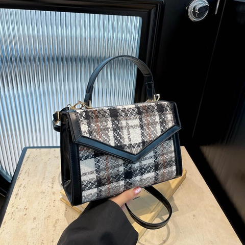 Vintage Plaid Tweed Crossbody Bag For Women PU Leather Splicing Square Handbag Gold Hardware Elegant Top Handle Shoulder Bag