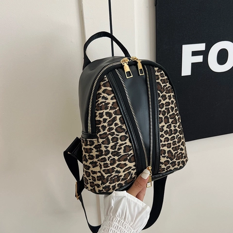 Sac à Dos Mini en Cuir PU Imprimé Léopard Mode pour Femmes Style Coréen Double Fermeture Éclair Petit Sac à Bandoulière de Voyage Décontracté