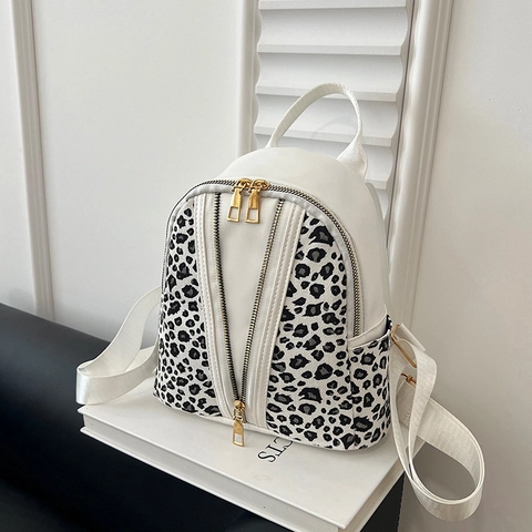 Sac à Dos Mini en Cuir PU Imprimé Léopard Mode pour Femmes Style Coréen Double Fermeture Éclair Petit Sac à Bandoulière de Voyage Décontracté