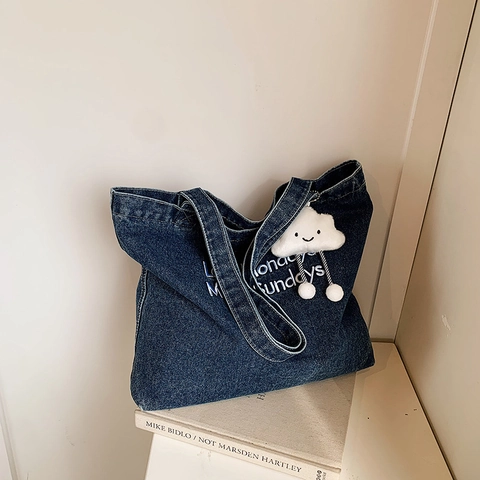 Vintage Amerikanische Denim Tragetasche Damen Große Kapazität Stickerei Slogan Schultertasche Studentin Lässige Handtasche