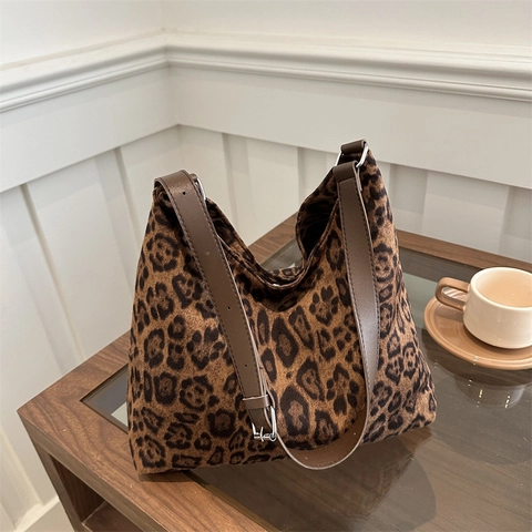 Borsa Tote Leopardata da Donna Grande Capacità Vintage Suede Borsa a Spalla Con Tracolla Regolabile Casual Hobo Bag