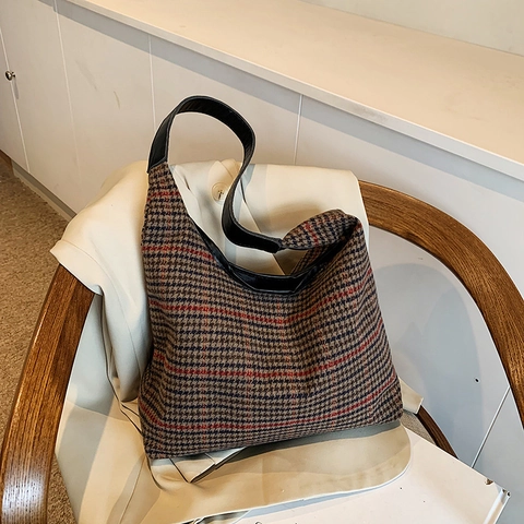 Borsa a Tracolla a Quadri Pied de Poule di Grande Capacità per Donna Borsa Tote Hobo in Tessuto di Lana Vintage Con Cinturino in Pelle PU