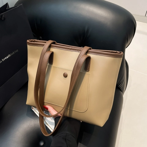 Women Large Capacity PU Leather Tote Bag Fashion Soft Minimalist Commuter Shoulder Handbag With External Pocket Solid Color