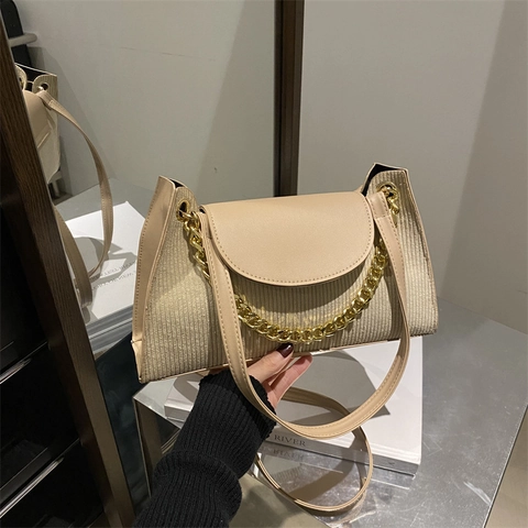 Women Vintage Corduroy PU Leather Splicing Shoulder Bag Fashion Gold Chain Crossbody Bag Small Square Satchel Purse For Autumn Winter