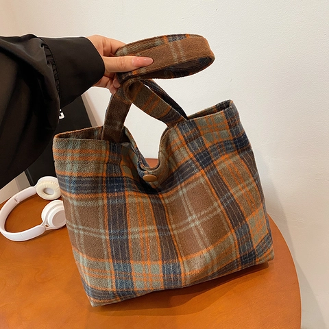 Vintage Karo Woll-Verbundstoff Große Kapazität Tote Bag Japanischer Stil Winter Schultertasche Damen Retro Karo Tasche