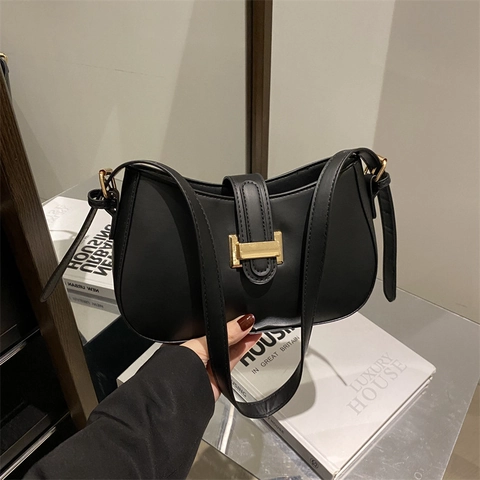 Bolso de Hombro de Cuero PU Vintage Para Mujer Minimalista Bolso Hobo Con Hebilla de Metal Dorado Bolso de Axila Color Sólido