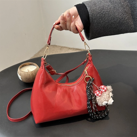 PU Leather Underarm Bag For Women Fashion Moon Shaped Crossbody Bag Solid Color Dumpling Handbag Detachable Long Strap