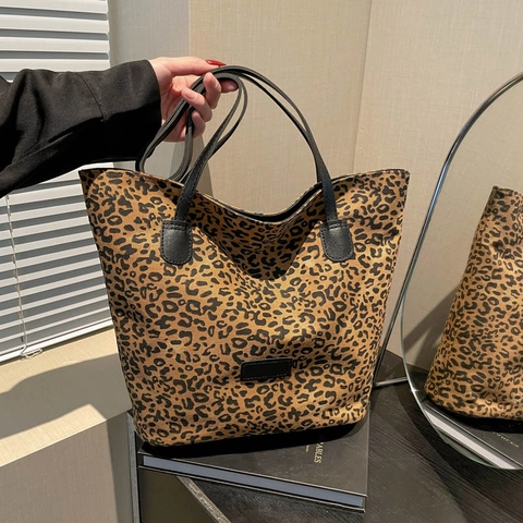 Mode Leopardenmuster Einkaufstasche Für Damen Große Kapazität Stoff Schultertasche Lässig Vielseitig Alltag Reisetasche