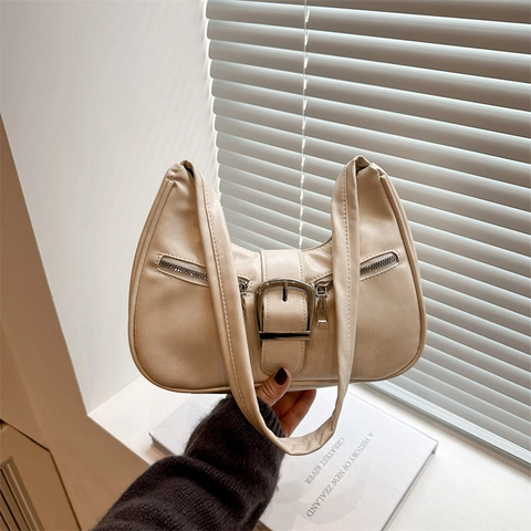 Retro PU Leather Underarm Bag For Women Fashion Hobo Crossbody Bag With Metal Buckle Decorative Zippers Solid Color Shoulder Bag