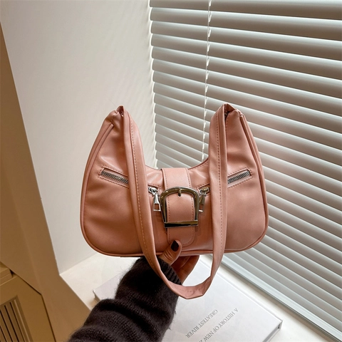 Bolso de Hombro de Cuero PU para Mujer Chic Hebilla de Cinturón de Metal Cremallera Bolso Hobo Retro Color Sólido para Diario