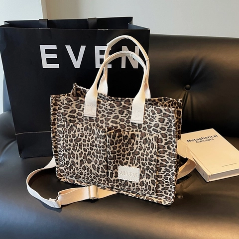 Sac Fourre-Tout en Toile Imprimé Léopard Rétro pour Femmes Grande Capacité Sac à Bandoulière Avec Sangle Réglable Multi-Poches Sac à Main Décontracté