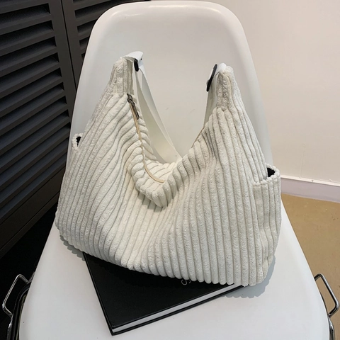 Bolso de Mano de Pana para Mujer Gran Capacidad Retro Color Sólido Bolso de Hombro Casual Correa Ajustable Bolso Hobo
