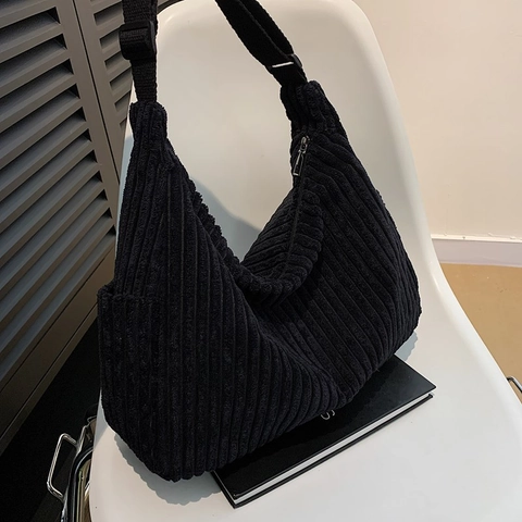 Bolso de Mano de Pana para Mujer Gran Capacidad Retro Color Sólido Bolso de Hombro Casual Correa Ajustable Bolso Hobo