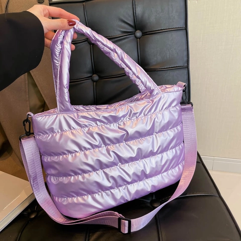 Fashion Shiny Quilted Puffer Tote Bag For Women Metallic Synthetic Leather Crossbody Bag Large Capacity Lightweight Daily Shoulder Bag