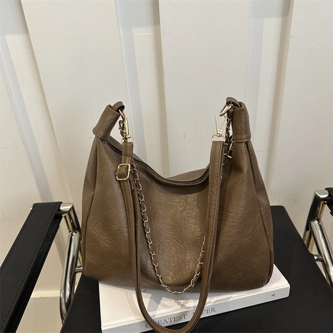 Bolso Tote de Cuero PU para Mujer Gran Capacidad Moda Cadena de Metal Bolso de Hombro Color Sólido Retro Hobo Handbag Messenger