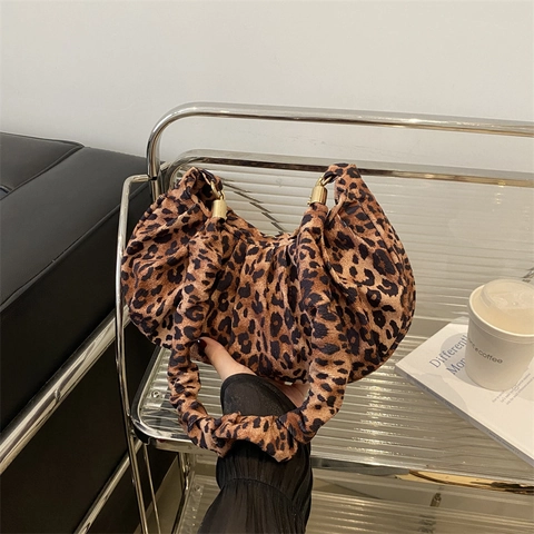 Borsa Sottobraccio Increspata Vintage Con Stampa Leopardata Per Donna In Pelle PU Fashion Borsa A Spalla A Mezzaluna Con Ferramenta Dorata