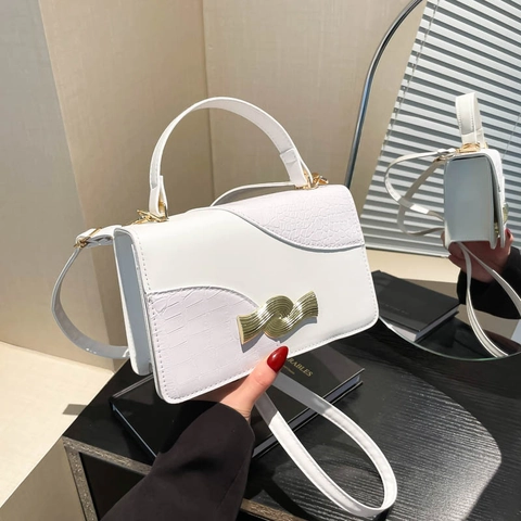 Sac Bandoulière Femme en Cuir PU Motif Crocodile Patchwork Petit Sac à Main Carré avec Boucle Ondulée Dorée Sac à Épaule