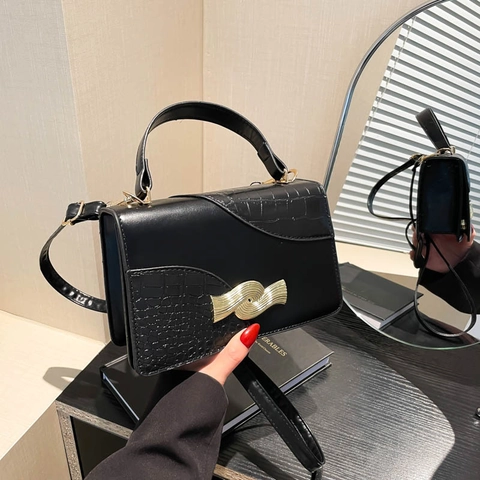 Sac Bandoulière Femme en Cuir PU Motif Crocodile Patchwork Petit Sac à Main Carré avec Boucle Ondulée Dorée Sac à Épaule