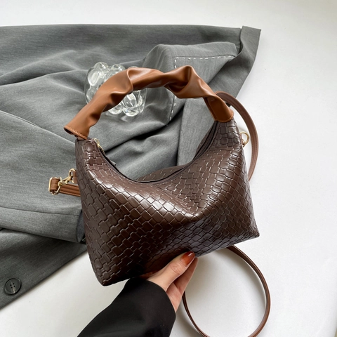 Gewebte PU Leder Schultertasche Für Damen Mode Geraffter Griff Hobo Tasche Kleine Umhängetasche Mit Verstellbarem Gurt