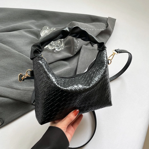 Gewebte PU Leder Schultertasche Für Damen Mode Geraffter Griff Hobo Tasche Kleine Umhängetasche Mit Verstellbarem Gurt