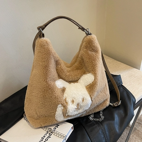 Borsa Tote da Donna in Peluche con Applicazione Coniglio Cartone Animato Grande Capacità Borsa a Spalla Casual con Catena