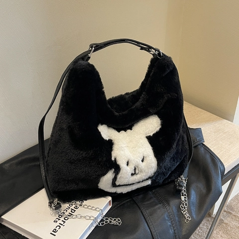 Borsa Tote da Donna in Peluche con Applicazione Coniglio Cartone Animato Grande Capacità Borsa a Spalla Casual con Catena