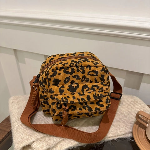 Women Leopard Print Corduroy Crossbody Bag Vintage Casual Shoulder Bag With Adjustable Strap Fashion Messenger Bag Khaki Brown