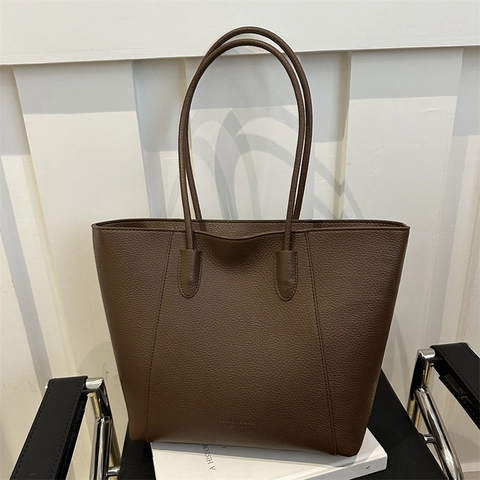 Bolso Tote de Cuero PU de Gran Capacidad para Mujer Minimalista Urbano Bolso de Hombro Textura Granulada Color Sólido