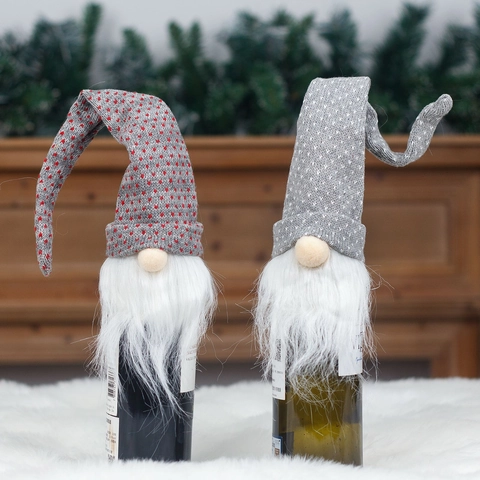 Copribottiglia di Vino con Gnomo di Natale Cappello Lungo in Maglia Nordica Decorazione Gnomo Tomte per Cena di Festa Ornamento da Tavola di Natale Regalo