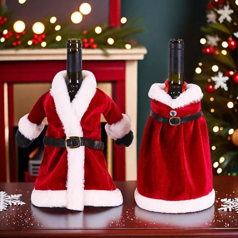 Velvet Christmas Wine Bottle Cover Santa Jacket And Skirt Style Red White Plush Trim Festive Dining Table Decor Gift