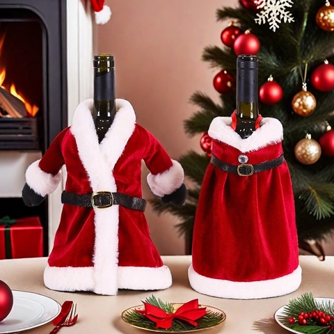 Velvet Christmas Wine Bottle Cover Santa Jacket And Skirt Style Red White Plush Trim Festive Dining Table Decor Gift