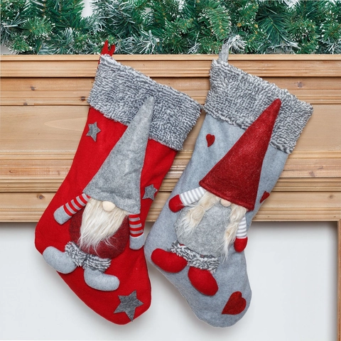 Large Christmas Gnome Stocking 3D Plush Faceless Old Man Hanging Fireplace Sock Red Gray Holiday Candy Gift Bag Xmas Home Decor