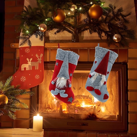 Large Christmas Gnome Stocking 3D Plush Faceless Old Man Hanging Fireplace Sock Red Gray Holiday Candy Gift Bag Xmas Home Decor