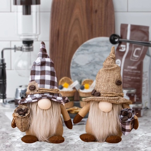 Handmade Coffee Theme Gnome Doll Faceless Plush Dwarf Figurine With Plaid Burlap Hat Decor For Home Kitchen Coffee Bar Office Gift