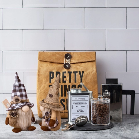 Handmade Coffee Theme Gnome Doll Faceless Plush Dwarf Figurine With Plaid Burlap Hat Decor For Home Kitchen Coffee Bar Office Gift