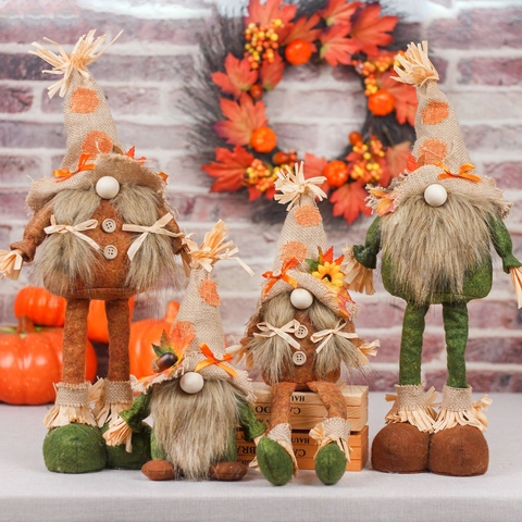 Fall Harvest Festival Gnome Decorations Thanksgiving Scarecrow Retractable Doll Linen Sunflower Maple Leaf Gnome Figurine